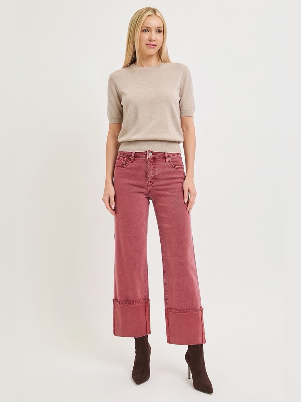 PWC21664 RUST Risen Tummy Control Mid Rise Crop Wide Leg Wide Cuffed Pants